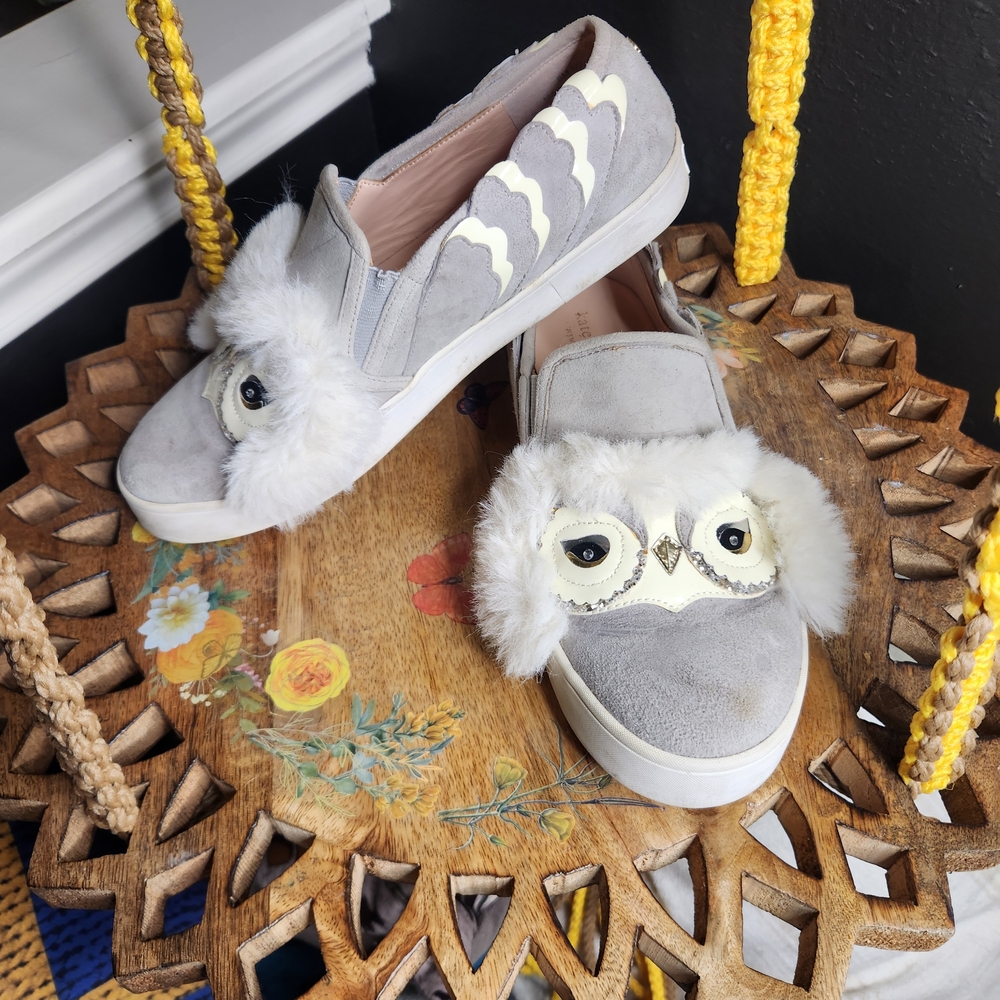 Kate Spade Lefferts Slip On Owl Sneakers Grey & White Suede Size 8.5